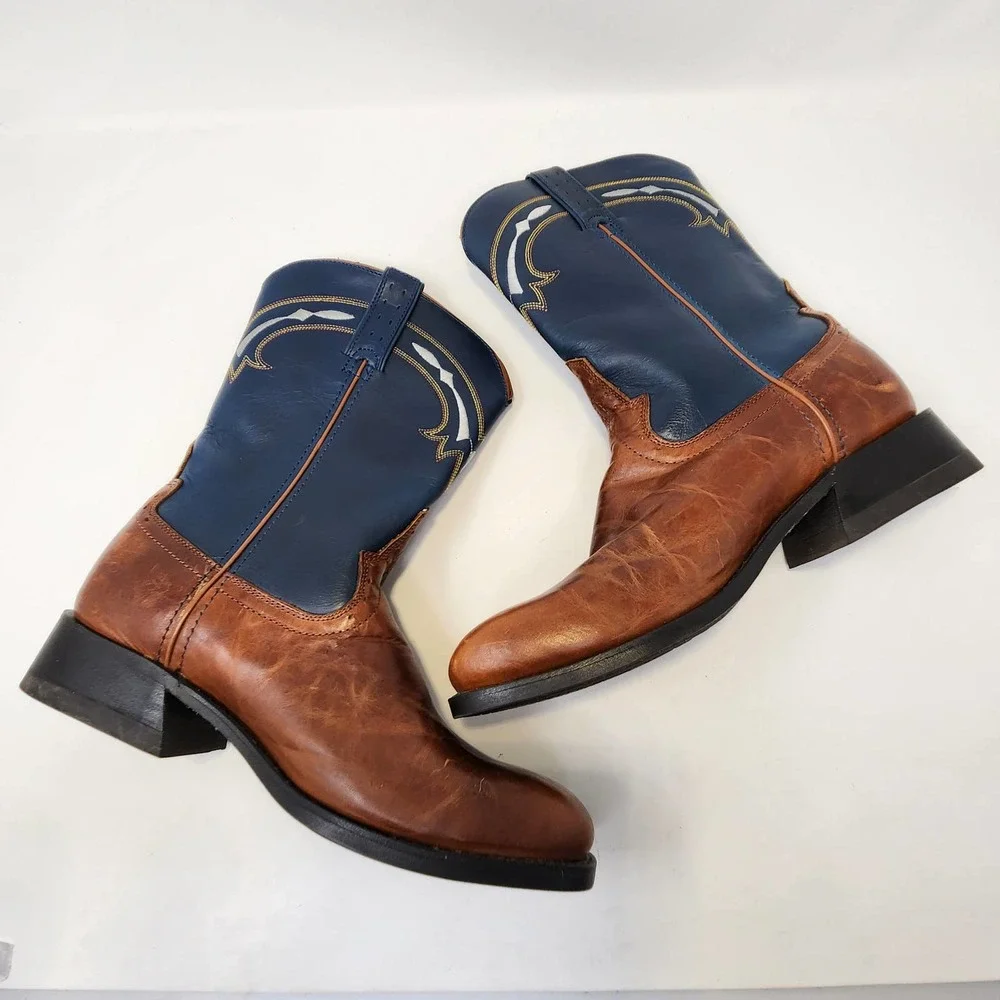 Road Wolf Mens Blue Brown Leather Western Cowboy Boots 8 M Broad Square Toe